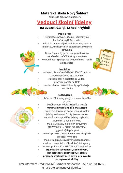 lleták na přijmutí do pracovního poměru - Vedoucí školní jídelny MŠ Nový Šaldorf 