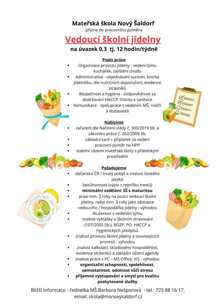 lleták na přijmutí do pracovního poměru - Vedoucí školní jídelny MŠ Nový Šaldorf 